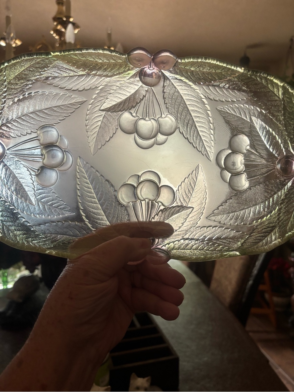 Vintage Mikasa frosted glass Cherry Motif Serving Tray w/Light Green & Pink Tint